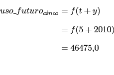 \begin{displaymath}\begin{split}uso\_futuro_{cinco} & = f(t+y)\\ & = f(5+2010) \\ & = 46475.0 \\ \\ \end{split}\end{displaymath}