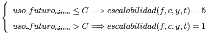 $\displaystyle \left\{ \begin{array}{l l} uso\_futuro_{cinco} \leq C \Longrighta...
...cinco} > C \Longrightarrow escalabilidad(f,c,y,t) = 1 \\ \end{array} \right. \ $